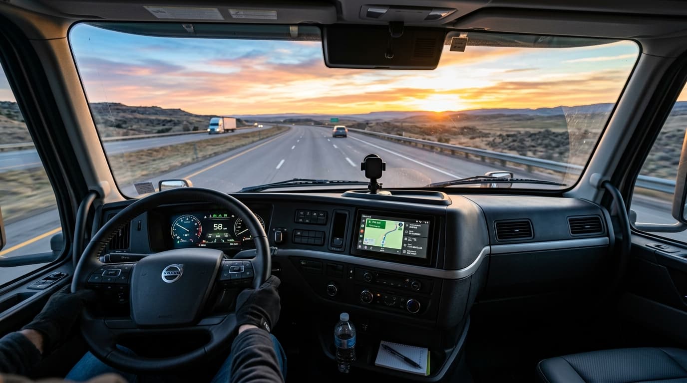 Modern truck cab cockpit looking through windshield onto scenic open road at sunrise