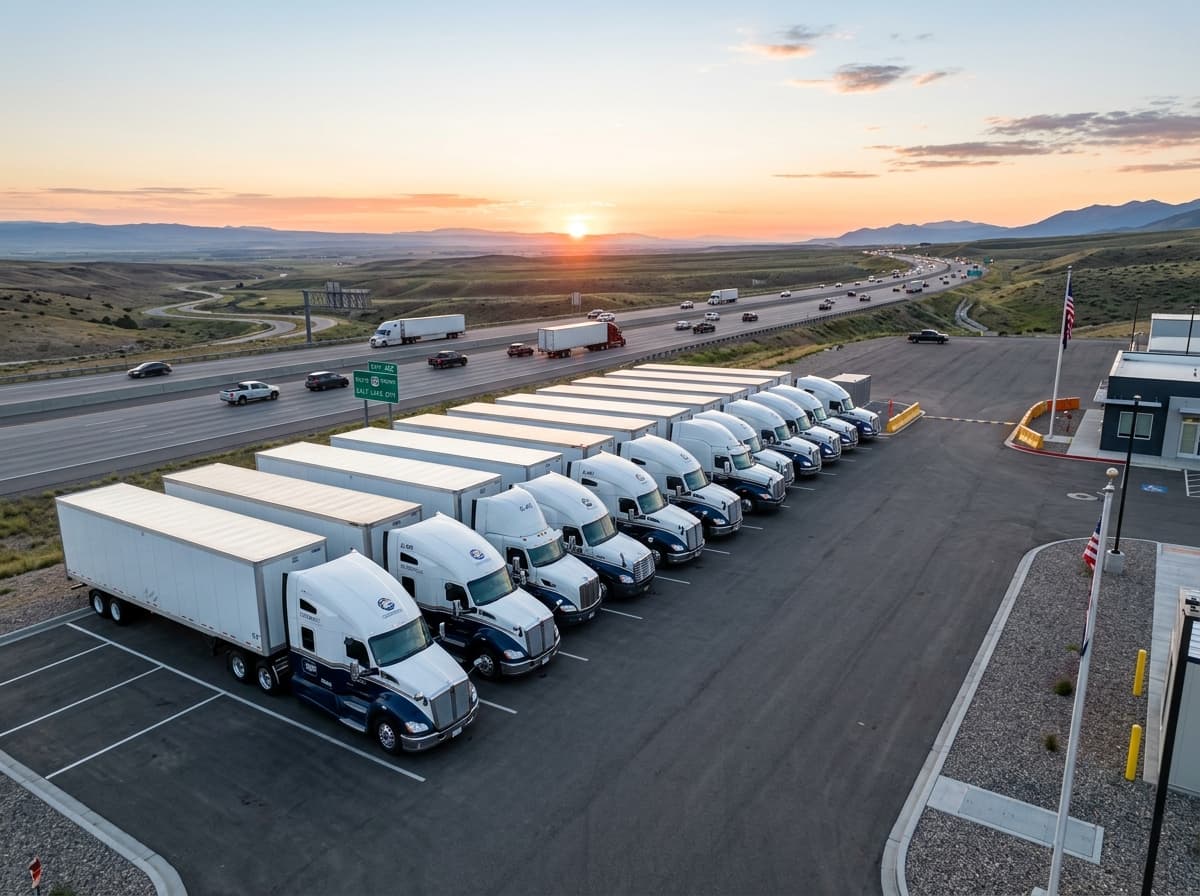 Commercial semi-truck fleet terminal at dawn ready for dispatch